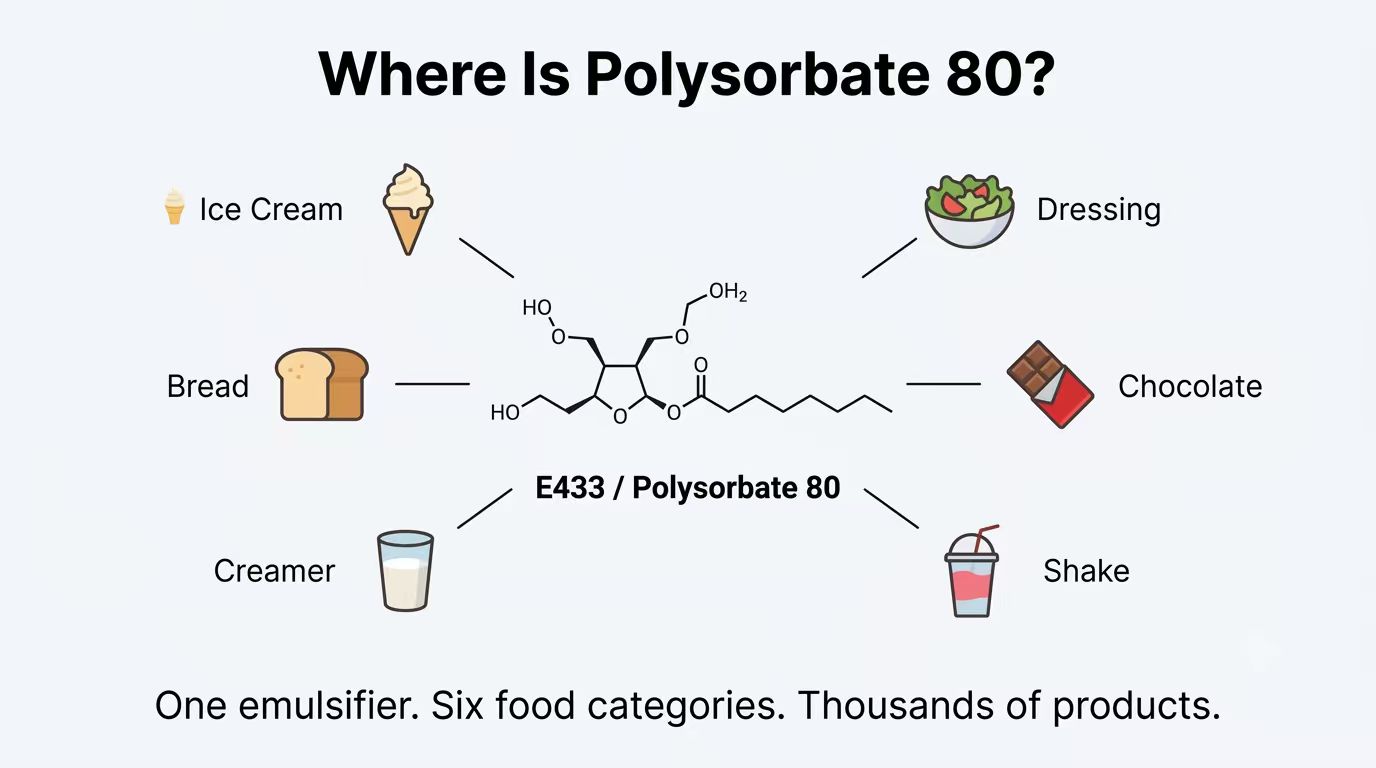 Foods containing Polysorbate 80 infographic — six food categories with product examples including ice cream, dressings, baked goods, beverages, dairy, and snacks