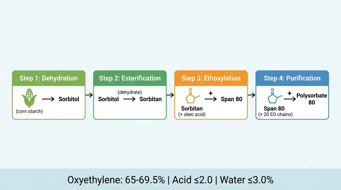 How Polysorbate 80 is made — four step production process infographic from sorbitol dehydration to purification