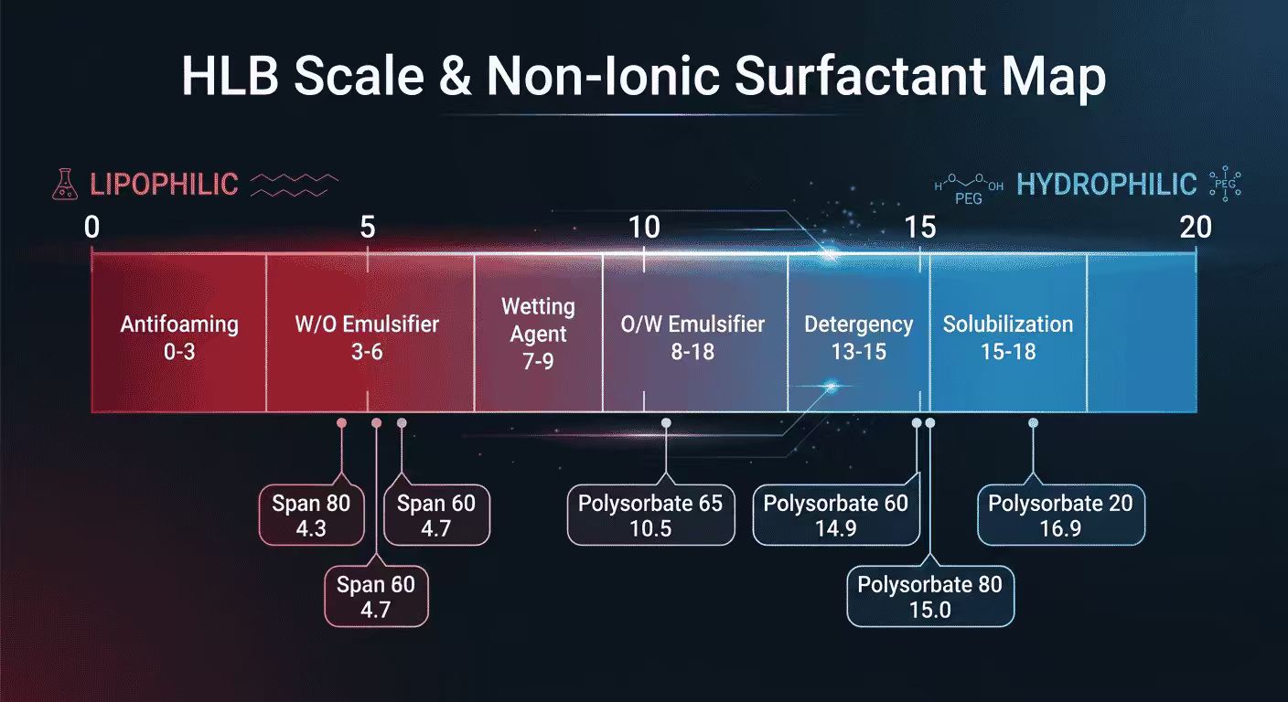 HLB scale chart showing six functional ranges from anti-foaming (1-3) to solubilizer (15-18), with measured HLB values for 8 non-ionic surfactants: Span 20=8.6, Span 40=6.7, Span 60=4.7, Span 65=2.1, Span 80=4.3, Tween 20=16.7, Tween 60=14.9, Tween 80=15.0. Griffin and Davies calculation formulas shown. Critical micelle concentration diagram inset. Food emulsifier science infographic.