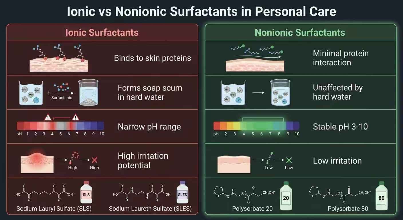 Ionic vs non-ionic detergents in personal care comparison: ionic surfactants (SLS, SLES, CAPB) with charge, high foam, protein interaction — vs non-ionic (polysorbates, glucosides) with no charge, gentle cleaning, low foam. Includes surfactant blend ratio guide. Cosmetic formulation science infographic.