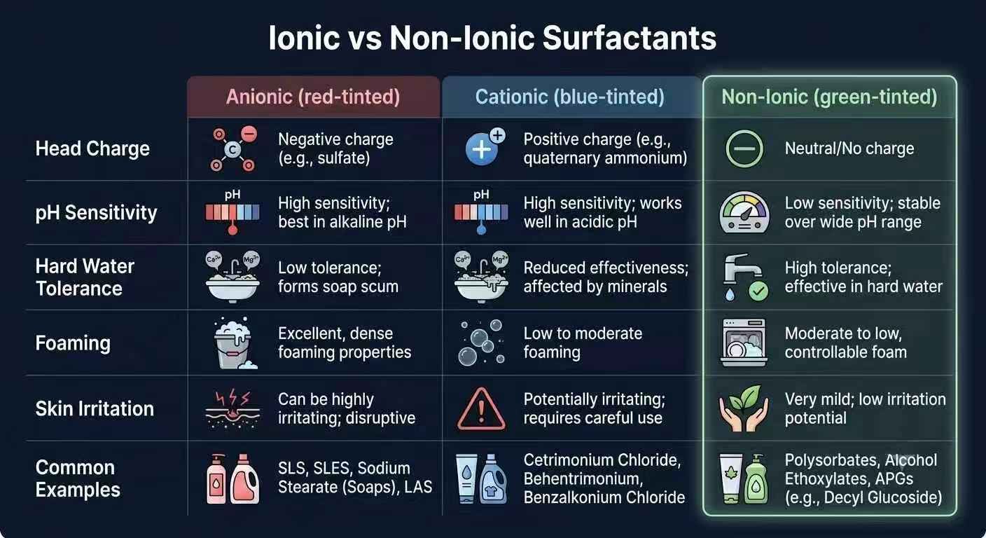Ionic vs non-ionic surfactants comparison table: anionic (negative charge, high foam, poor hard water tolerance), cationic (positive charge, low foam, fabric softeners), non-ionic (neutral, hard water tolerant, low irritation) with SLS, quats, polysorbates, and sorbitan esters as examples