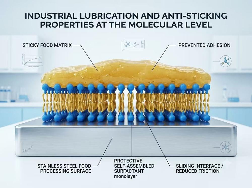 3D scientific infographic of emulsifier surfactant molecules forming a protective lubricating film to prevent stickiness and enhance mold release in high-speed food processing.