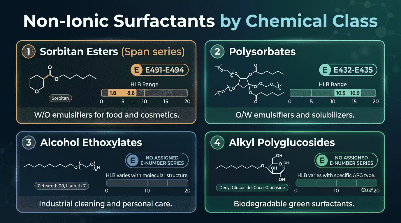 Non-ionic surfactant food application dosage chart: ice cream (polysorbate 80, 0.02-0.04%), confectionery coatings (Span 60, 0.3-0.5%), beverages (Tween 20, 0.01-0.05%), bakery (Span 60 + Tween 60, 0.2-0.5%), margarine (Span 80, 0.2-0.5%). Each with E-number and regulatory standard reference. Food ingredient science infographic.