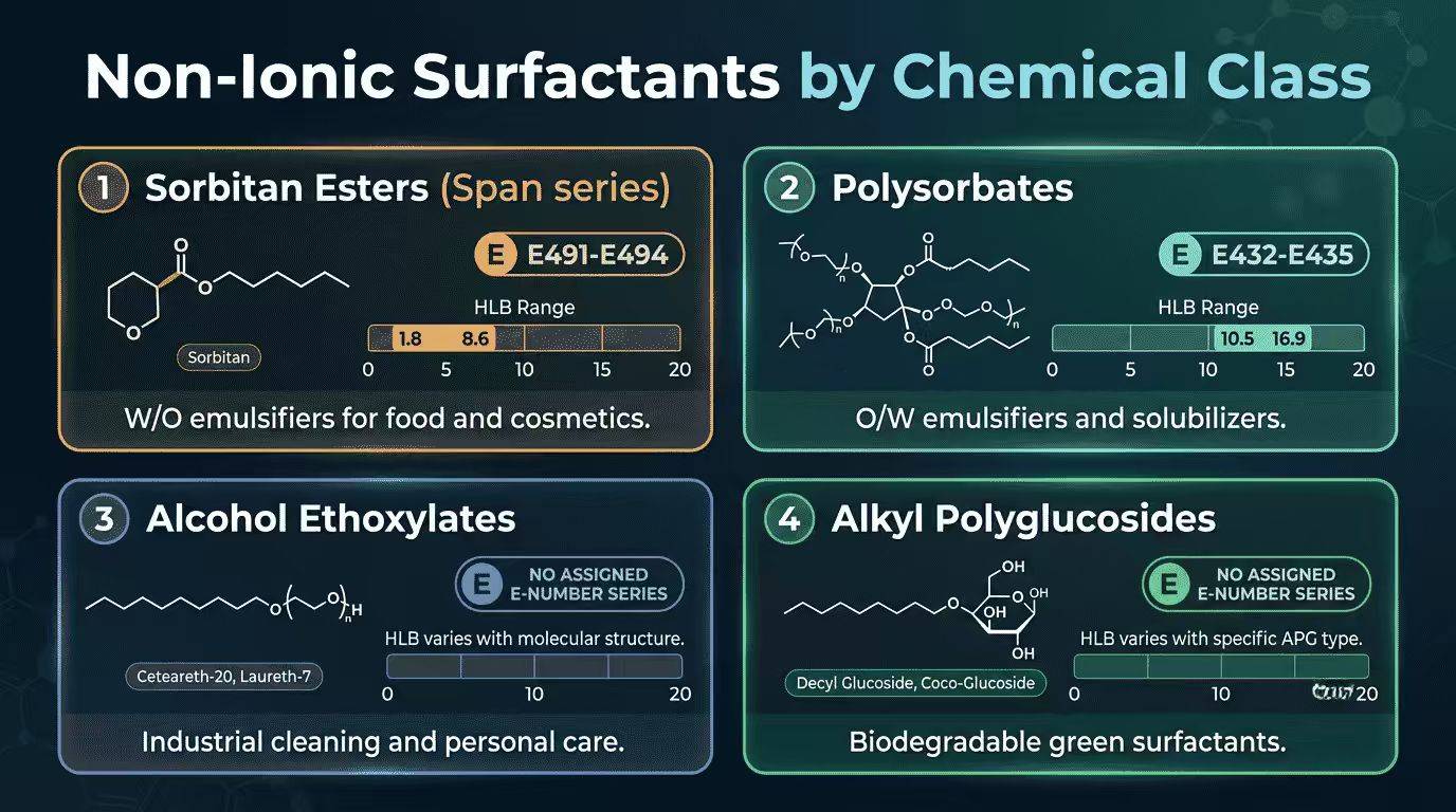 Four non-ionic surfactant chemical families: sorbitan esters Span 20 60 80 E491-E494 HLB 1.8-8.6, polysorbates E432-E435 HLB 10.5-16.9, alcohol ethoxylates ceteareth-20 laureth-7, alkyl polyglucosides decyl glucoside coco-glucoside