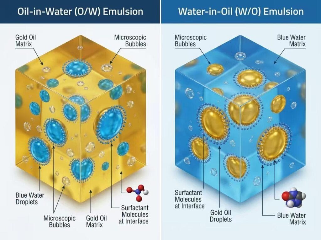 A professional 3D scientific infographic comparing Oil-in-Water (O/W) and Water-in-Oil (W/O) food emulsions, demonstrating surfactant molecules stabilizing interfaces to prevent phase separation for food emulsifier applications.