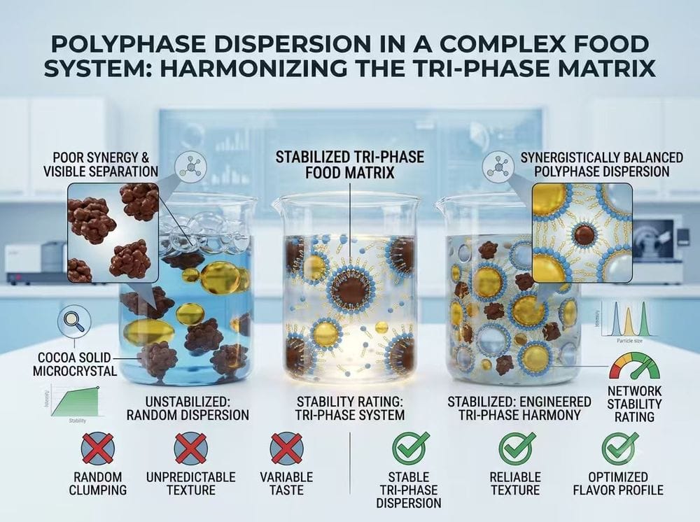 3D scientific infographic of food emulsifiers reducing interfacial energy for polyphase dispersion of solid, liquid, and gas phases in food matrices.