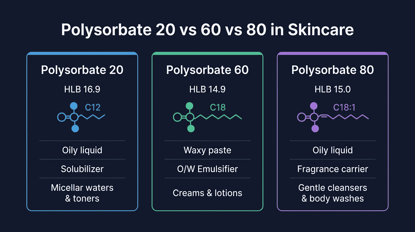 Polysorbate 20 vs 60 vs 80 comparison chart for skincare formulators: HLB values (16.7, 14.9, 15.0), fatty acid backbones (lauric C12, stearic C18, oleic C18:1), physical forms, best applications, use rates, oil compatibility, and regulatory standards (GB 29221, GB 25553, GB 25554). Cosmetic formulation science infographic, 4:3.