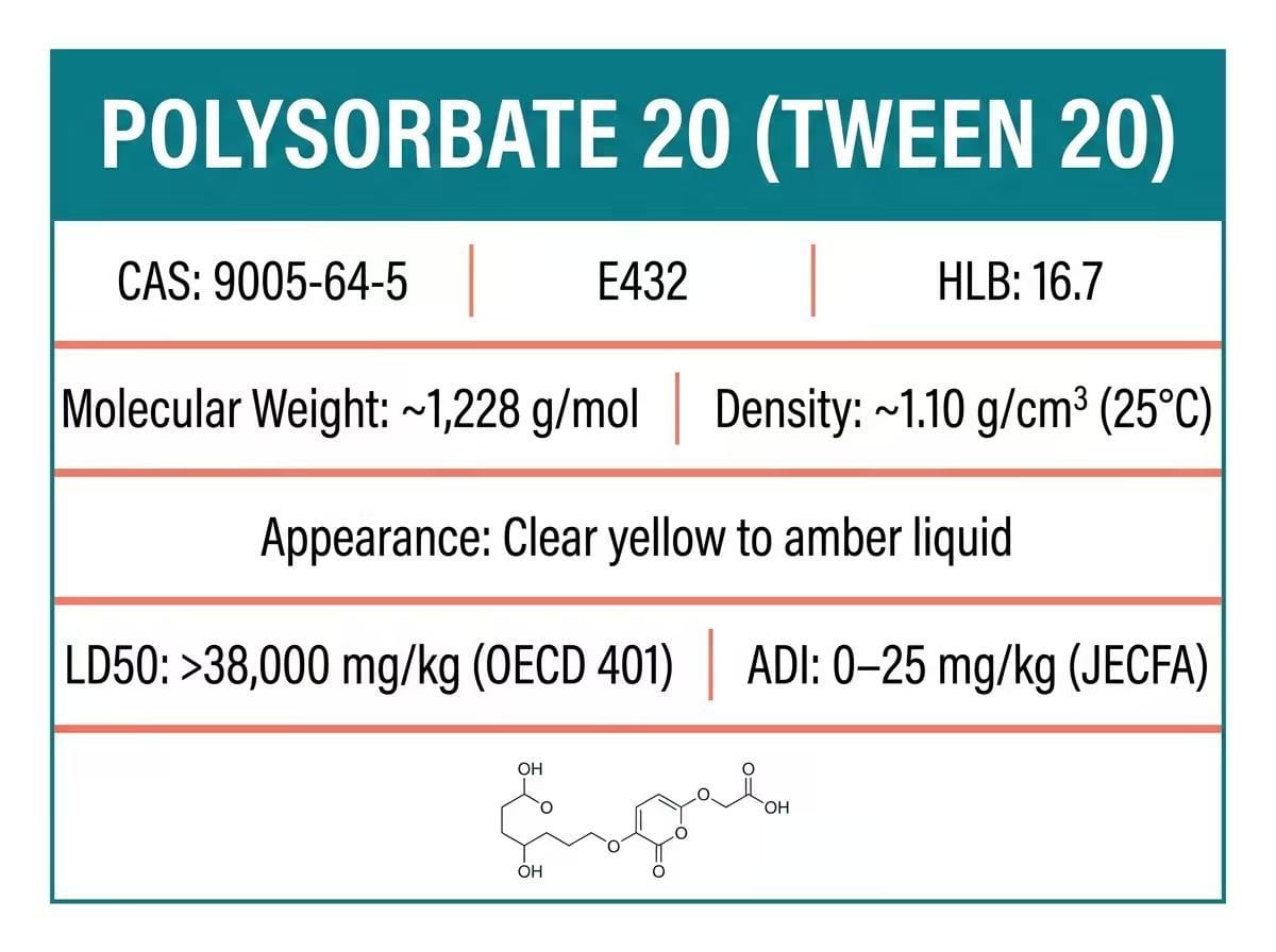 Polysorbate 20 Technical Identity Card — CAS 9005-64-5, E432, HLB 16.7, molecular structure and key properties