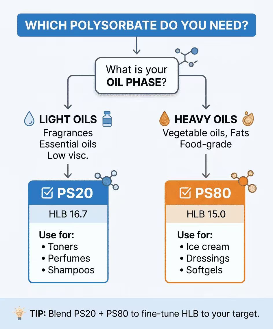 Decision flowchart for choosing between Polysorbate 20 and Polysorbate 80 based on oil phase — light oils vs heavy oils guide