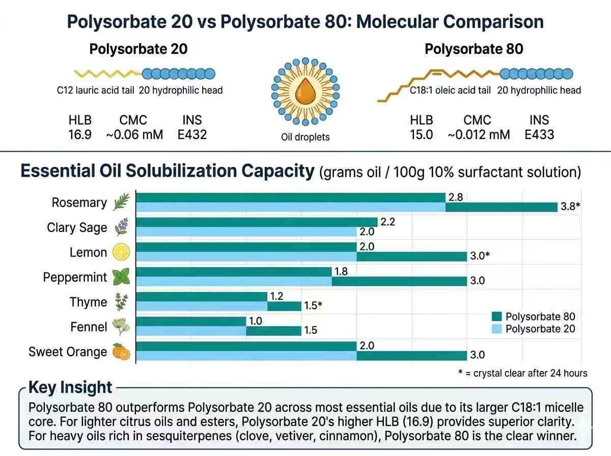 Polysorbate 20 vs Polysorbate 80 molecular comparison and essential oil solubilization capacity chart: rosemary, clary sage, lemon, peppermint, thyme, fennel, sweet orange