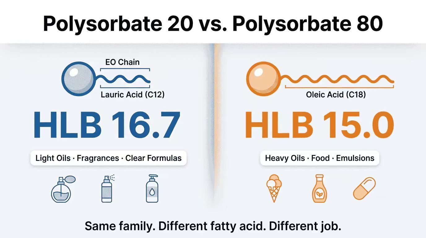 Polysorbate 20 vs Polysorbate 80 comparison — molecular structure, HLB values, and application differences infographic