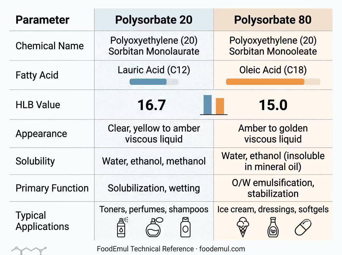 Technical comparison table of Polysorbate 20 versus Polysorbate 80 — chemical name, fatty acid, HLB value, appearance, solubility, function, and applications