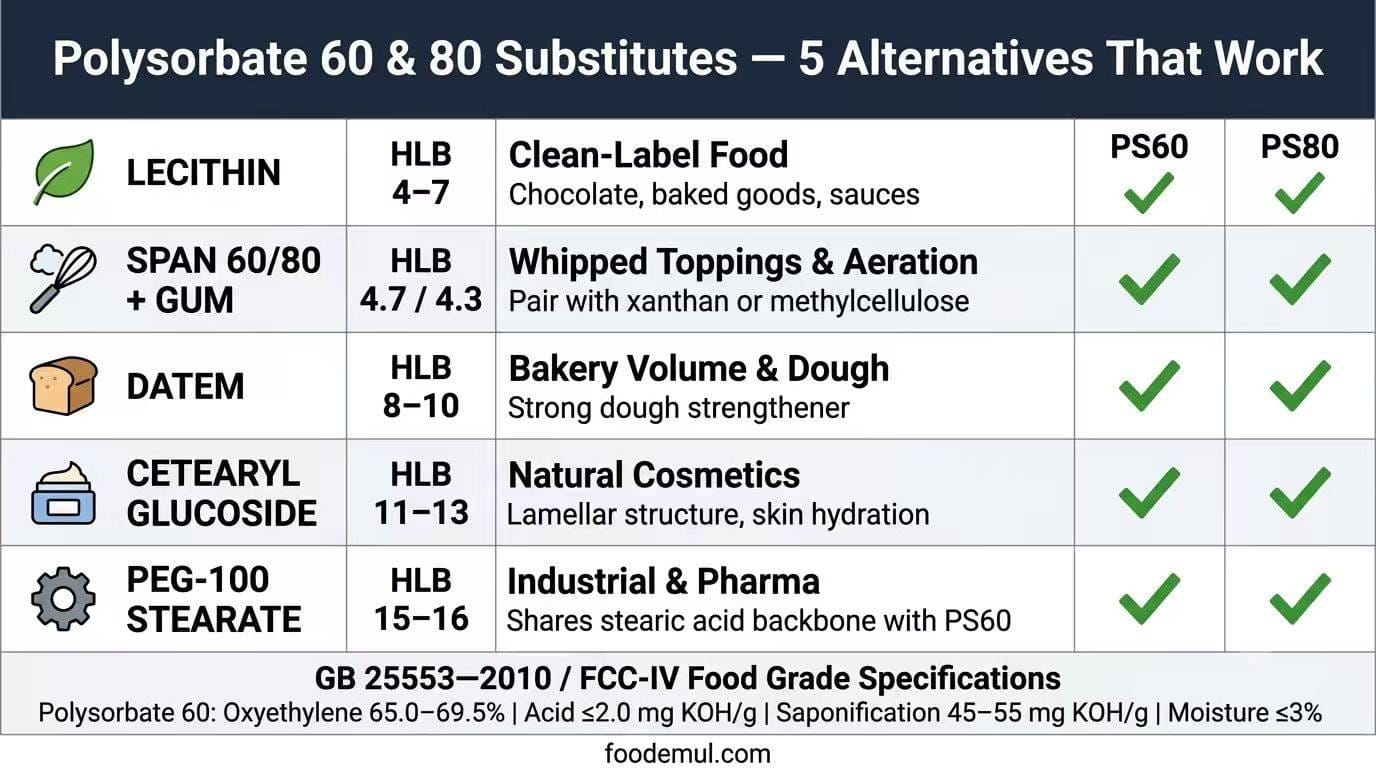 Polysorbate 60 and 80 substitutes comparison: Lecithin HLB 4-7 clean label, Span 60/80 with gum for aeration, DATEM HLB 8-10 baking, Cetearyl Glucoside HLB 11-13 cosmetics, PEG-100 Stearate HLB 15-16 industrial