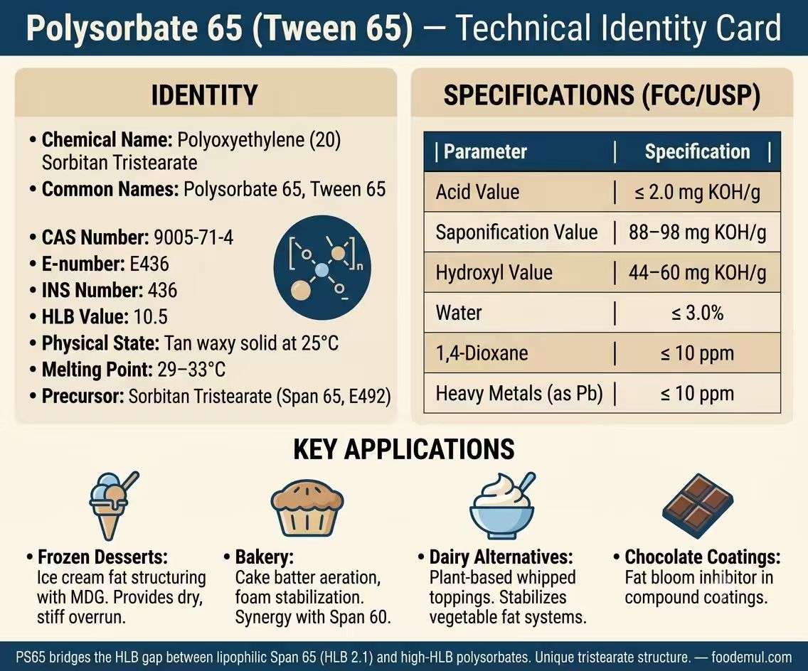 Polysorbate 65 (E436) Technical Identity Card — CAS 9005-71-4, HLB 10.5