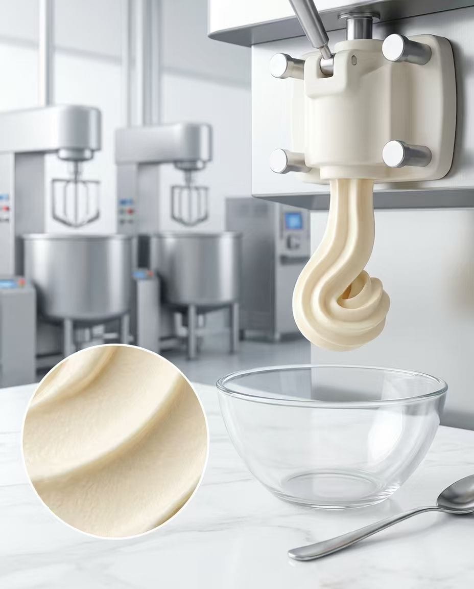 High-end commercial food photography of creamy vanilla soft-serve ice cream, showing smooth texture achieved by Polysorbate 81 emulsifier.
