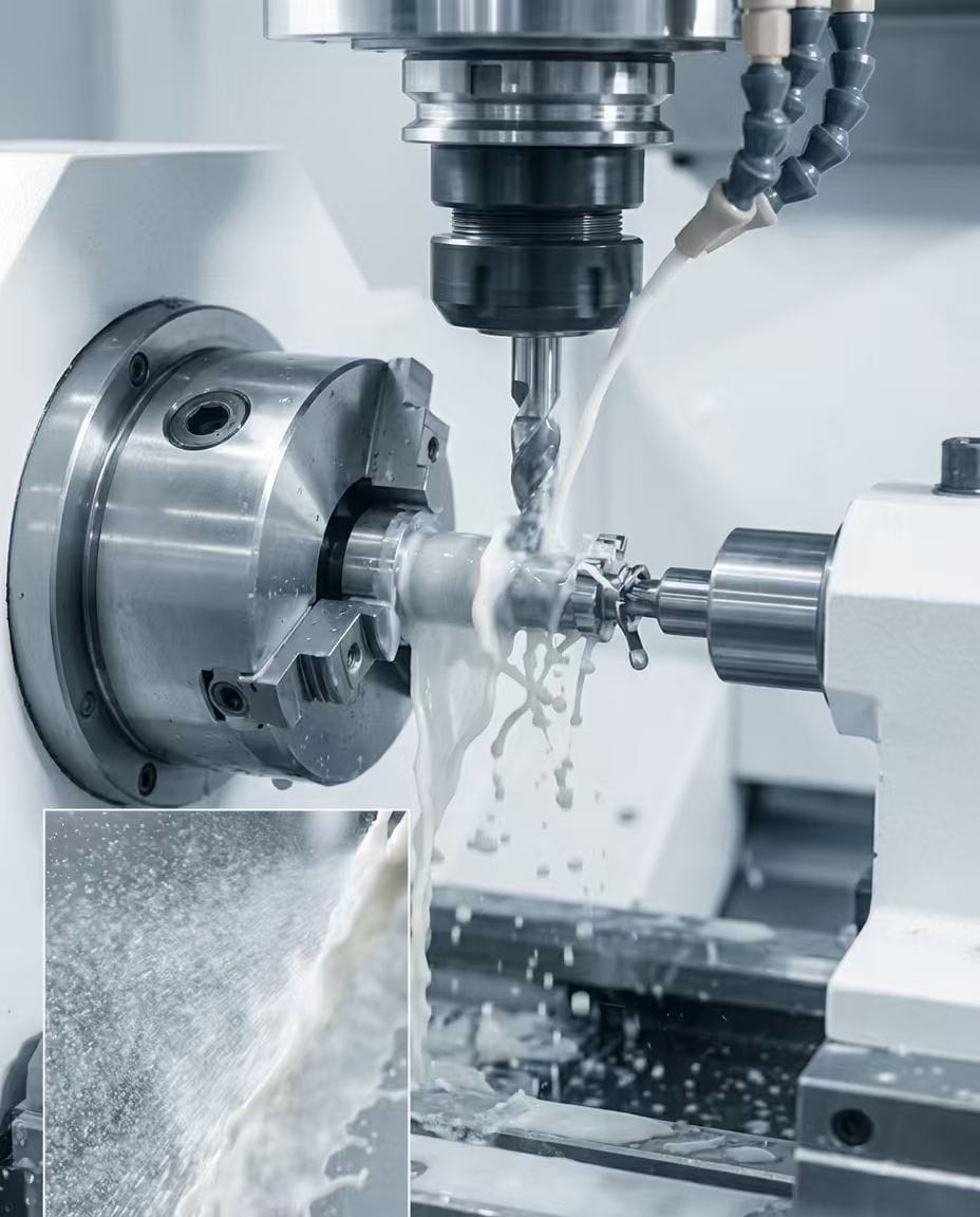 Industrial photography of a precision CNC machine cutting metal, with milky white cooling emulsion stabilized by Polysorbate 81 spraying onto the workpiece.