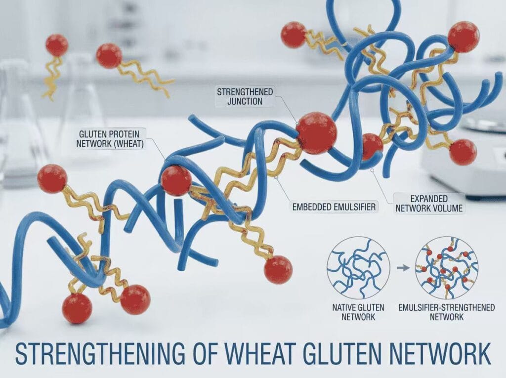 3D scientific infographic of emulsifier surfactant molecules interacting with wheat gluten protein network to enhance dough elasticity and loaf volume in commercial bakery production