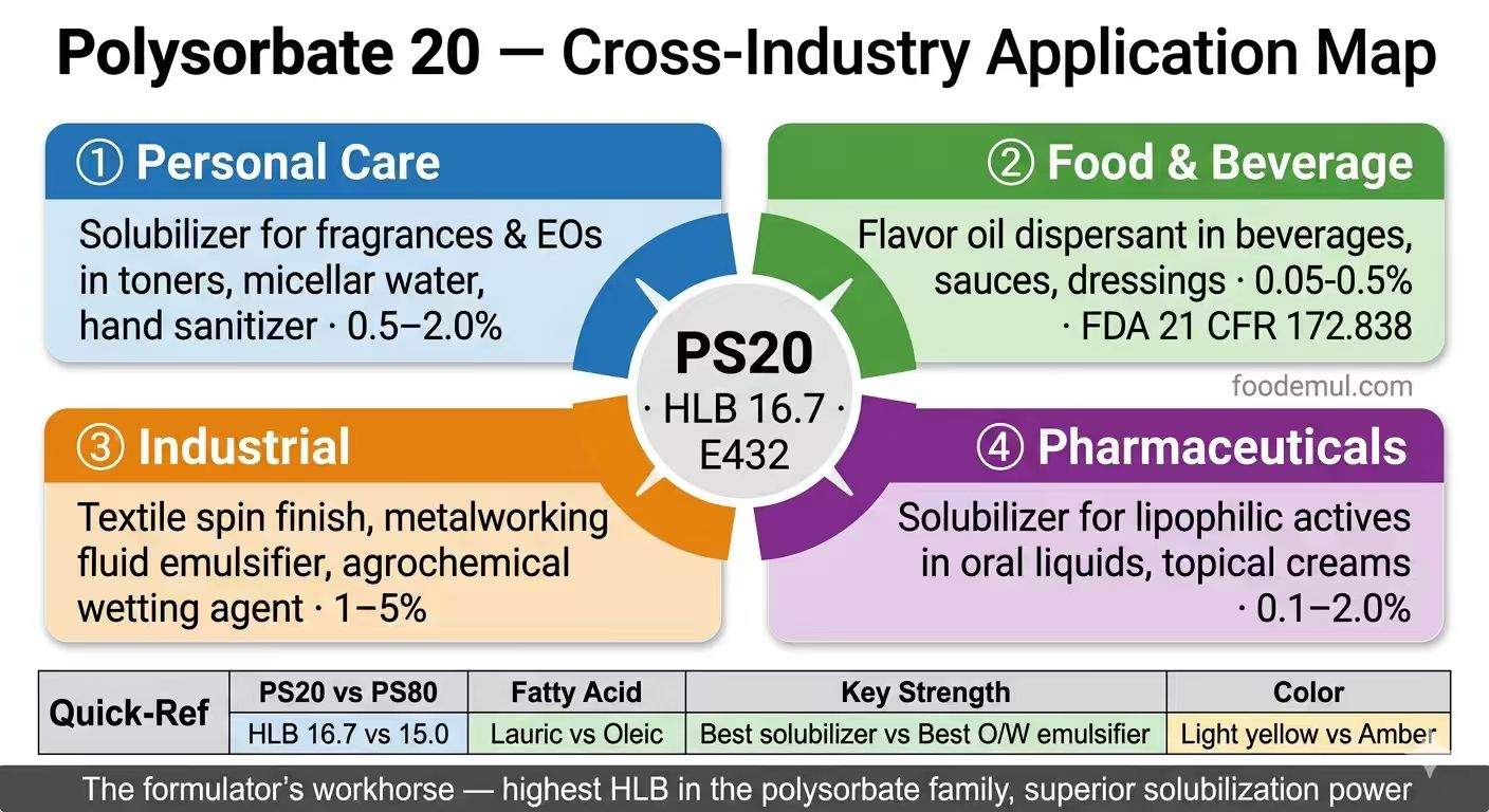 Polysorbate 20 Cross-Industry Application Map — personal care, food beverage, industrial, pharmaceutical with HLB 16.7 E432