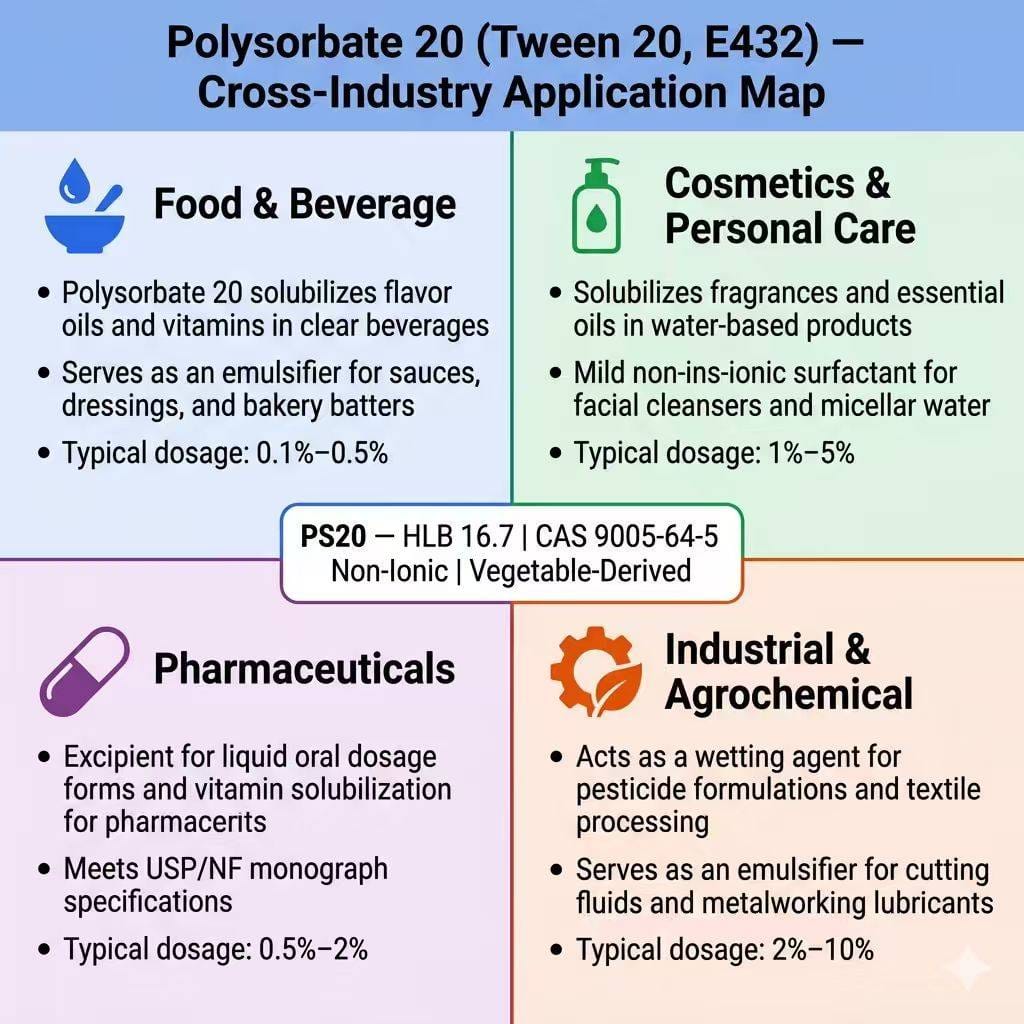 Polysorbate 20 Polysorbate 20 E432 Cross-Industry Application Map — Food Cosmetics Pharmaceuticals Industrial