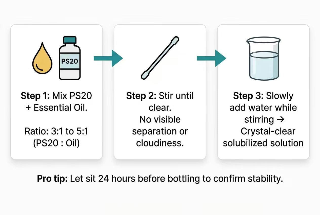 How to Use Polysorbate 20 — 3-Step Solubilization Process: Mix PS20+Oil→Stir until clear→Add water for crystal-clear solution