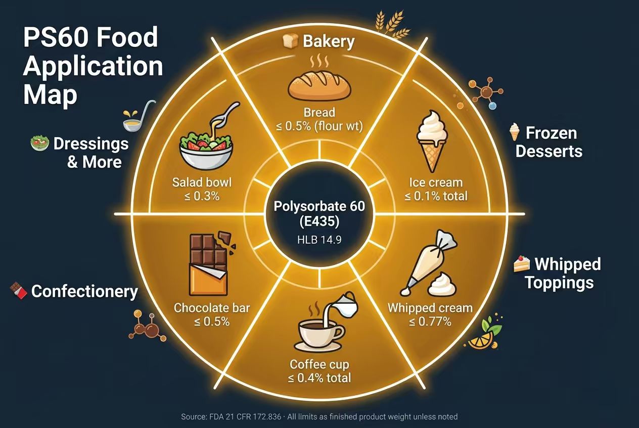 Polysorbate 60 (E435) food application categories with FDA 21 CFR 172.836 dosage limits