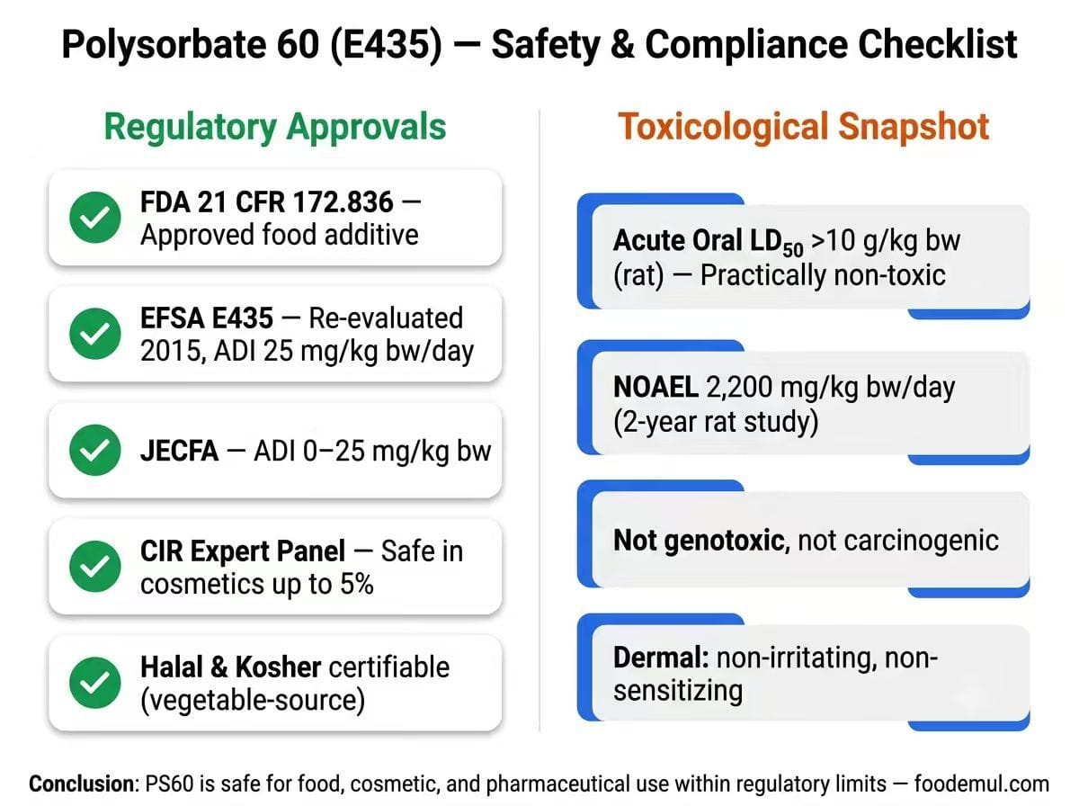 Polysorbate 60 E435 Safety and Compliance Checklist — FDA EFSA JECFA CIR approvals with toxicological data