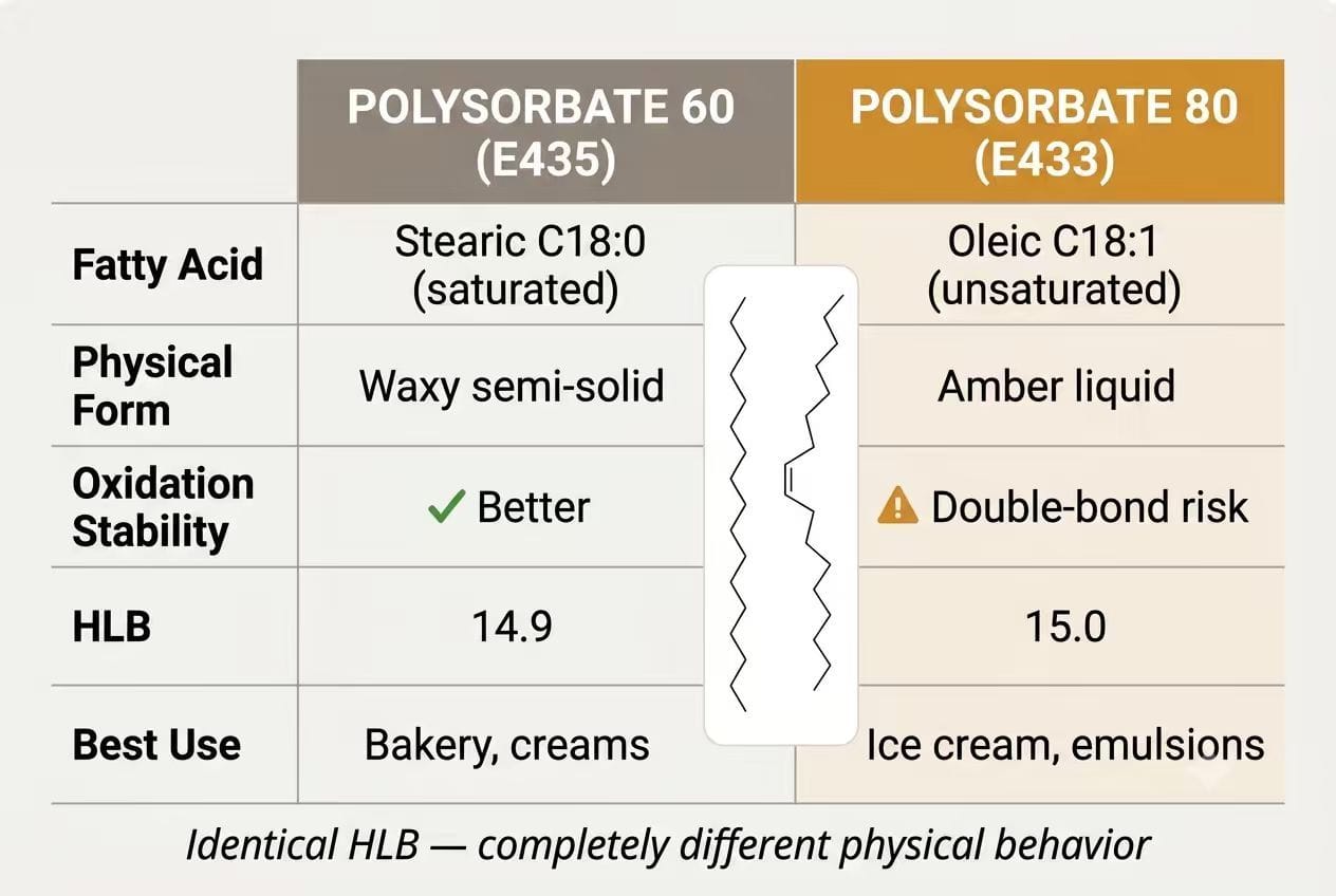 Polysorbate 60 vs Polysorbate 80 Comparison — Fatty Acid, Physical Form, Oxidation Stability, HLB, Best Uses