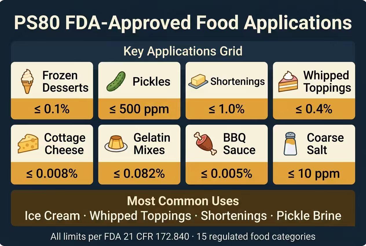 PS80 FDA-Approved Food Applications: Frozen Desserts ≤0.1%, Pickles ≤500 ppm, Shortenings ≤1.0%, Whipped Toppings ≤0.4%, and 11 more regulated categories per FDA 21 CFR 172.840