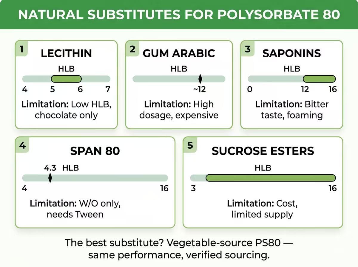 Natural Substitutes for Polysorbate 80 — Lecithin, Gum Arabic, Saponins, Span 80, Sucrose Esters with HLB comparison and limitations
