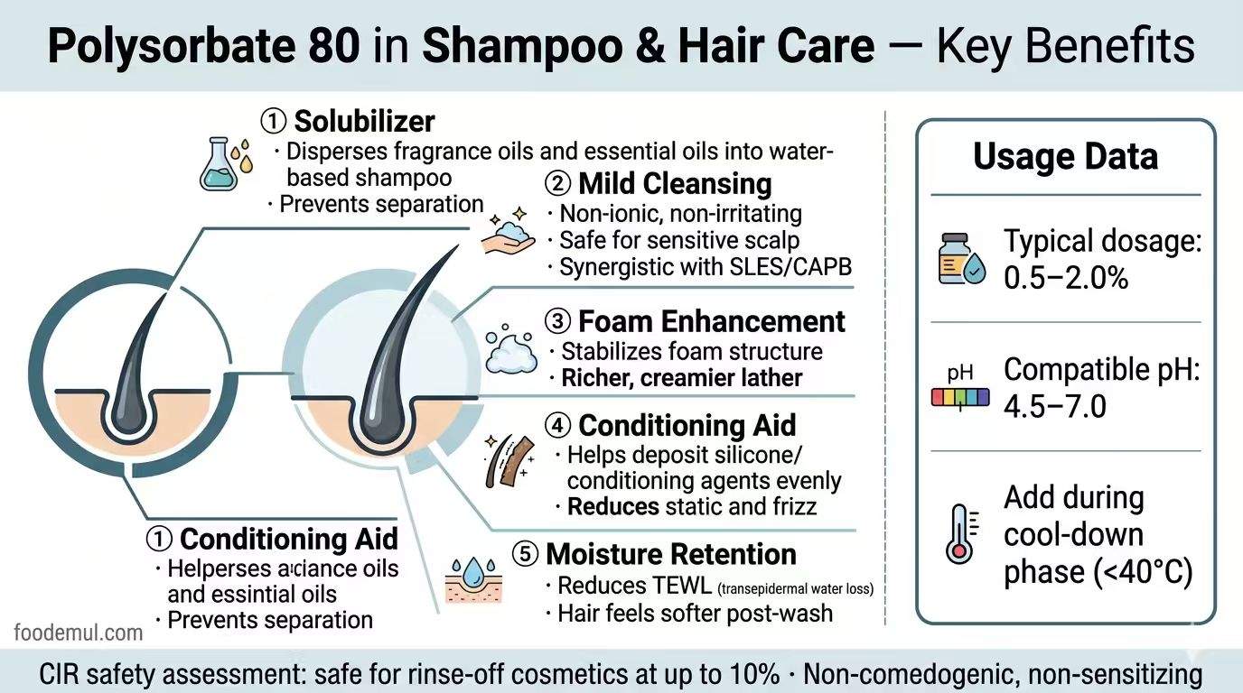 Polysorbate 80 in Shampoo Hair Care Benefits — solubilizer, mild cleansing, foam enhancement, conditioning aid, moisture retention at 0.5-2.0%