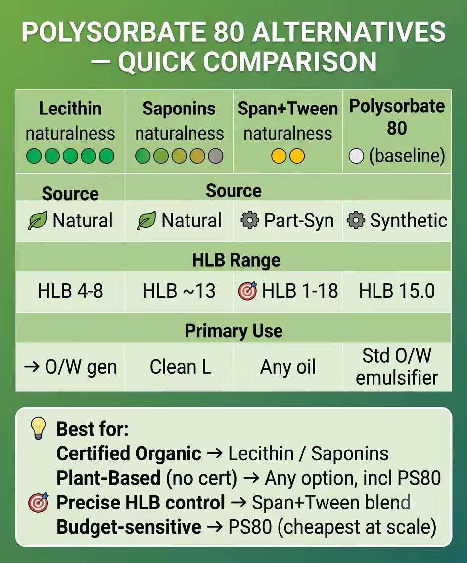 Polysorbate 80 substitutes comparison table - lecithin, saponins, Span and Polysorbate blend, versus Polysorbate 80 benchmark with natural level, HLB range, and recommended applications
