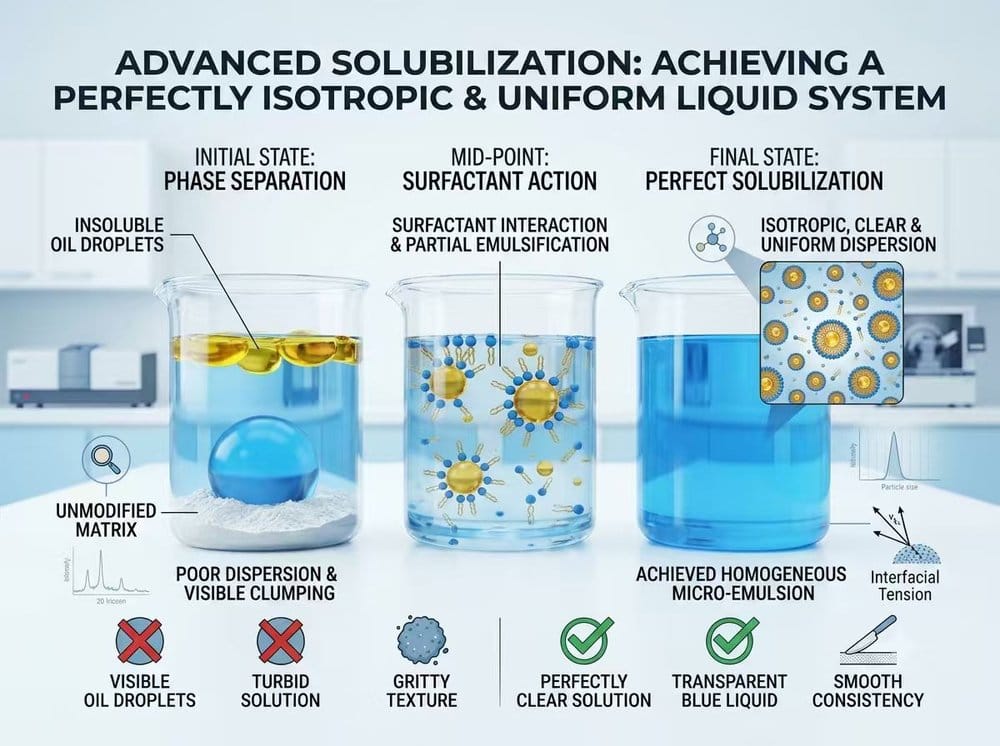 3D scientific infographic of food emulsifiers enhancing solubilization to create clear, transparent liquid solutions for beverage flavors and food colorants.