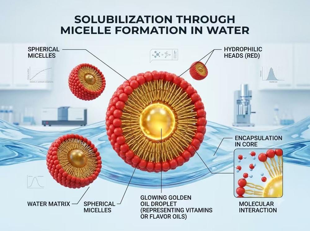 3D scientific infographic of surfactant molecules forming micelles to solubilize lipophilic flavors and vitamins into clear water-based beverages.