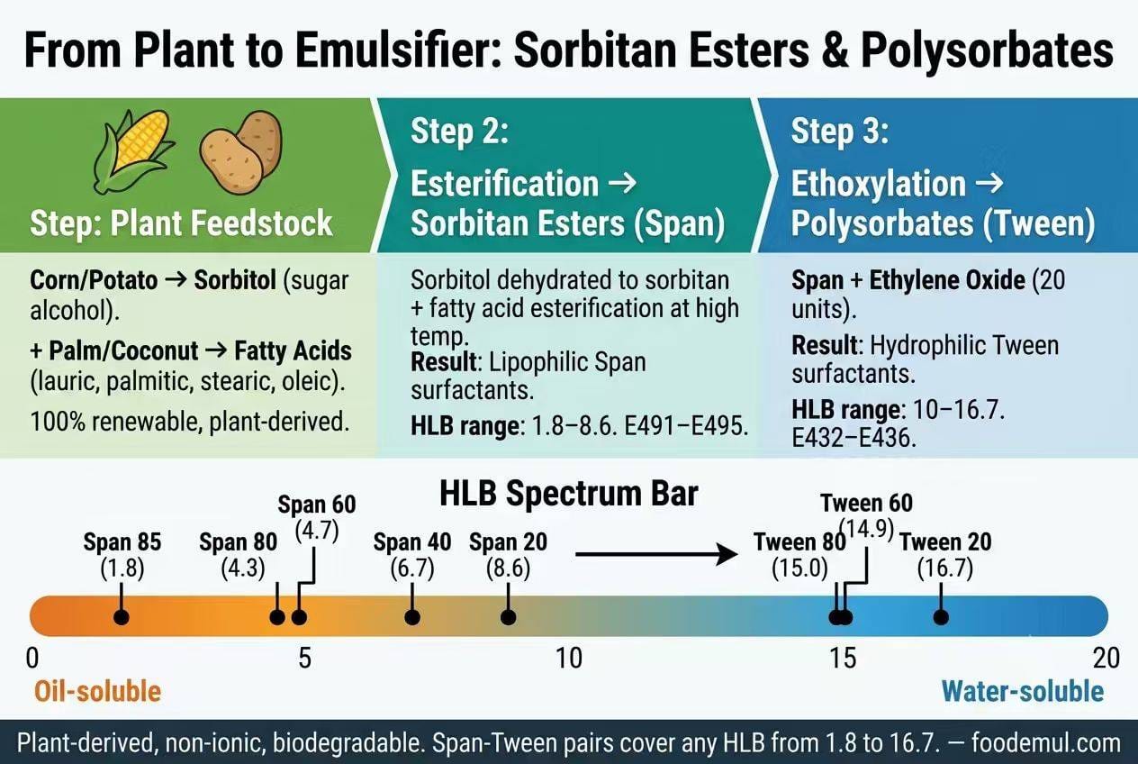 Sorbitan Esters & Polysorbates — Production Process, HLB Classification & E-numbers