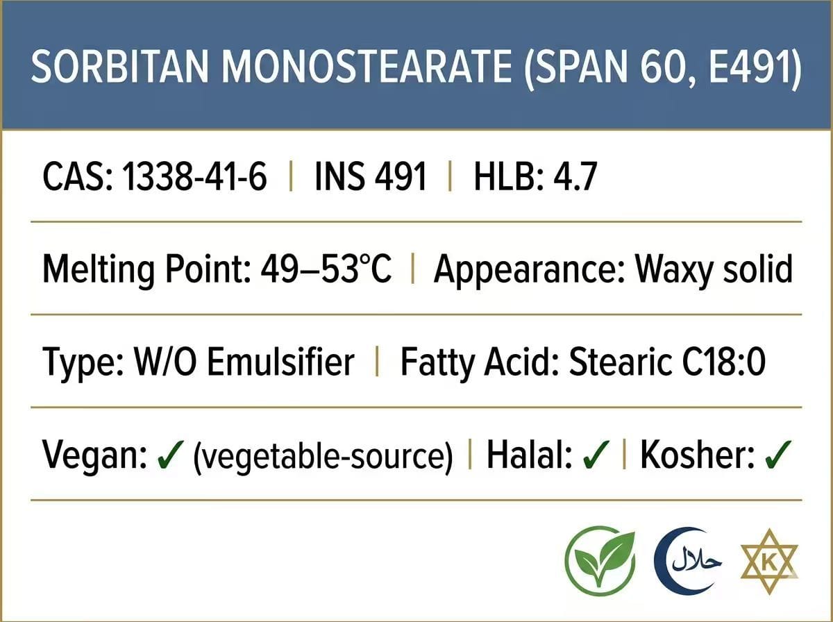 Sorbitan Monostearate (Span 60, E491) Technical Identity Card — CAS 1338-41-6, INS 491, HLB 4.7, W/O emulsifier, Vegan, Halal, Kosher