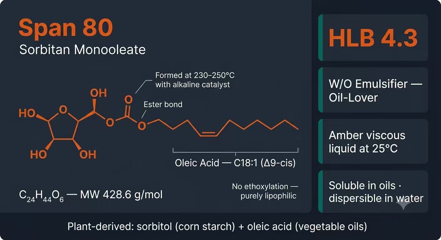 Span 80 molecular structure diagram — tetrahydrofuran ring with ester-linked oleic acid tail, C24H44O6, MW 428.6 g/mol, HLB 4.3 lipophilic emulsifier