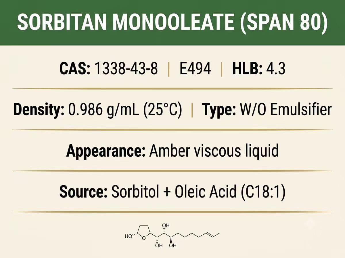 Sorbitan Monooleate (Span 80) Technical Identity Card — CAS 1338-43-8, E494, HLB 4.3, W/O emulsifier, chemical structure