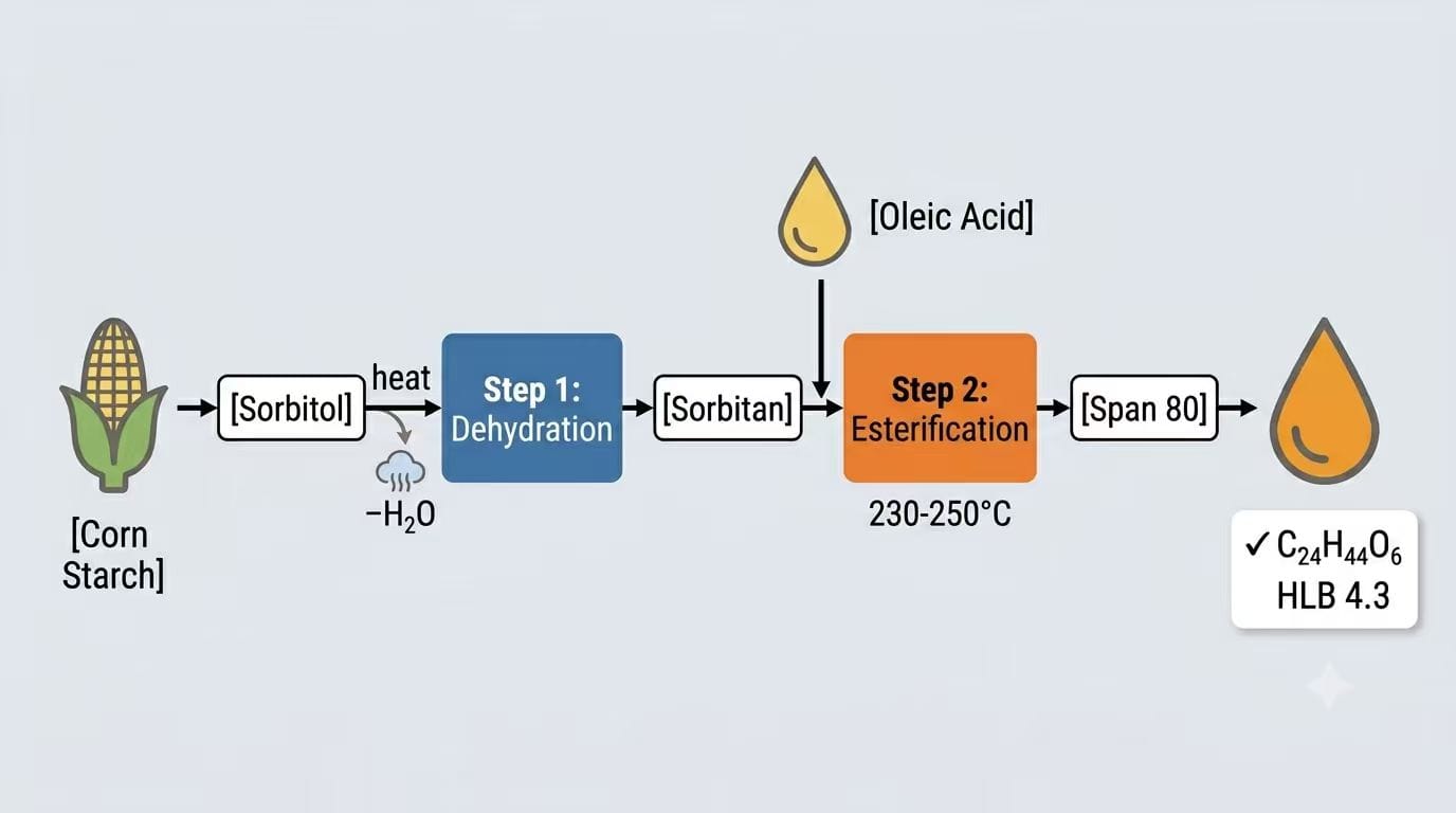 Span 80 technical specifications comparison table — GB 25552-2010, FCC, and JECFA standards for acid value, saponification value, hydroxyl value, and purity parameters