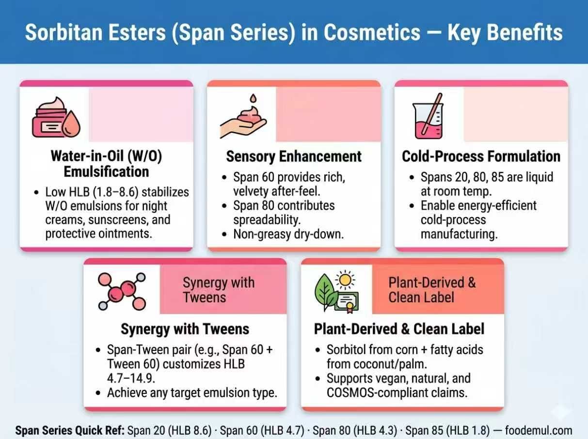 Sorbitan Esters Span Series Cosmetics Key Benefits — W-O Emulsification Sensory Cold-Process Synergy Plant-Derived