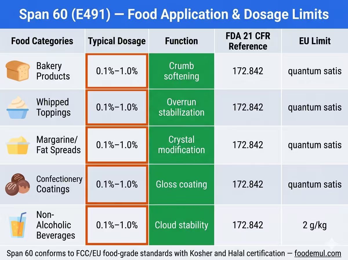 Span 60 (E491) food application categories with FDA 21 CFR 172.842 dosage limits and EU compliance
