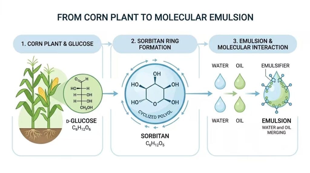 Step-by-step chemical process: from corn sugar to sorbitol, sorbitan, Span esters, and Tween polysorbates.