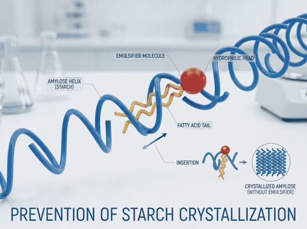 3D scientific infographic of emulsifier surfactant molecules inserting into starch amylose helix for starch complexing and anti-staling in bakery processing