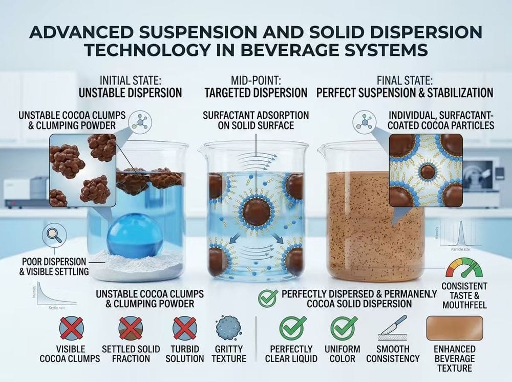 3D scientific infographic of food emulsifiers providing suspension action to prevent sedimentation of cocoa solids in commercial chocolate beverages.