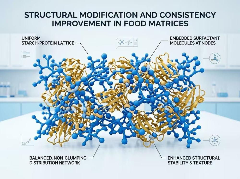 3D scientific infographic of emulsifier surfactant molecules stabilizing food matrices to enhance texture uniformity, reduce aggregation, and improve consistency in commercial food manufacturing.