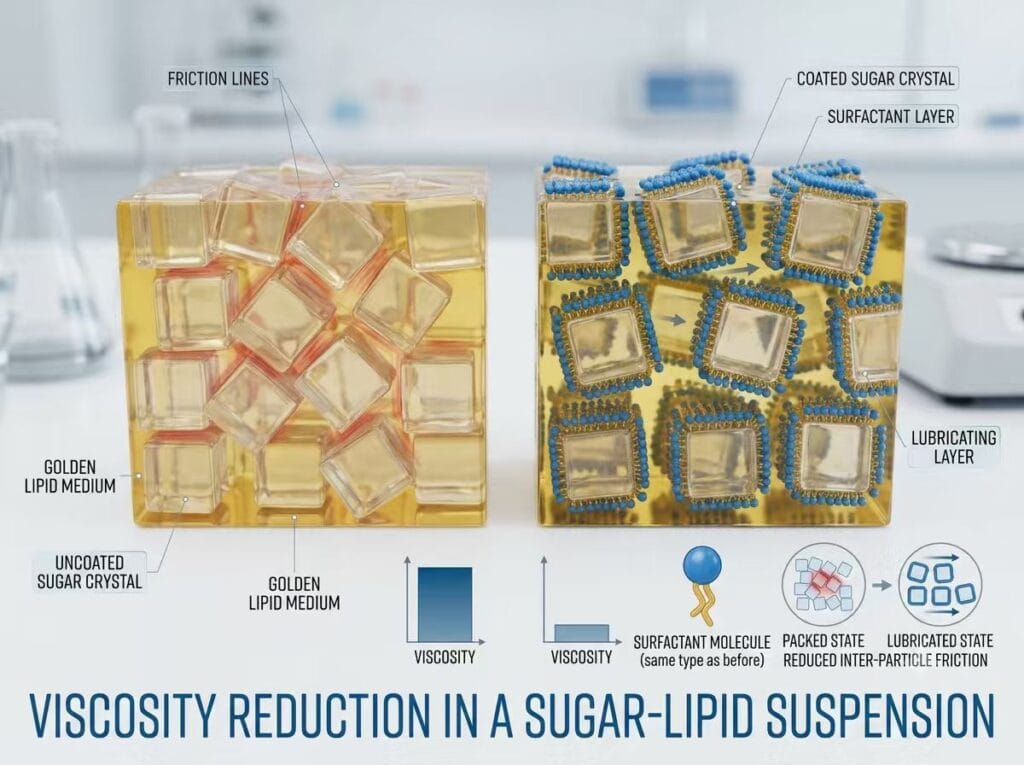 3D scientific infographic of emulsifier surfactant molecules coating sugar crystals to reduce viscosity and improve fluidity in molten chocolate confectionery processing