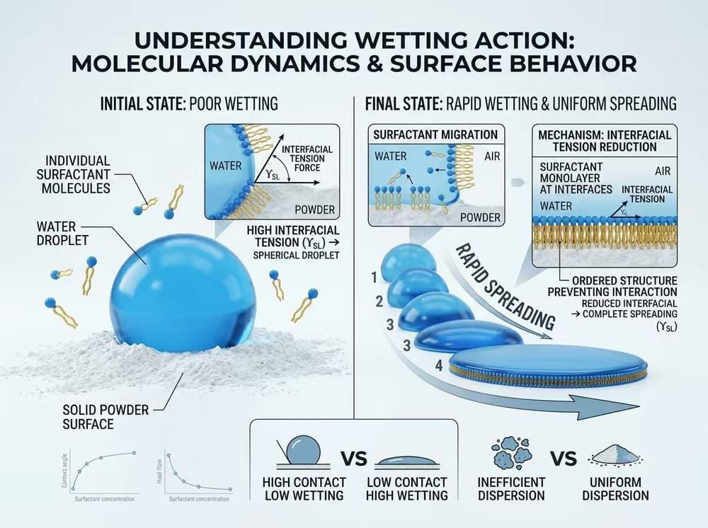 3D scientific infographic demonstrating wetting action where emulsifier molecules reduce interfacial tension to accelerate liquid spreading and powder rehydration.