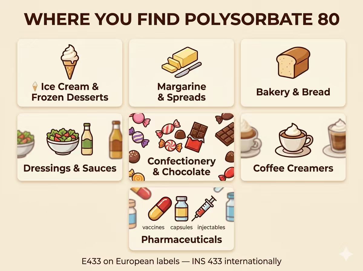 Where You Find Polysorbate 80 — Ice Cream, Margarine, Bakery, Dressings, Confectionery, Coffee Creamers, Pharmaceuticals