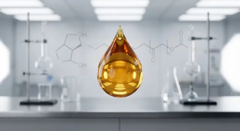 Macro view of amber viscous Polysorbate 20 liquid for cosmetic and food emulsification