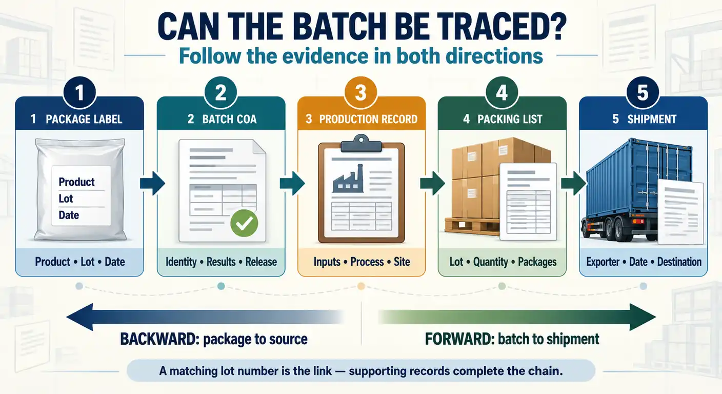 Food emulsifier batch traceability chain from package label and batch COA to production record, packing list, and shipment