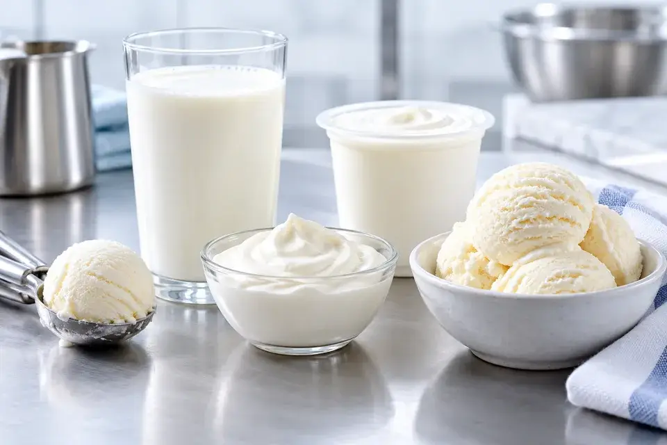 Milk, yogurt and ice cream representing dairy emulsifier applications